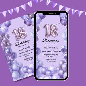 Editable 18th Birthday Invitation Purple Balloons | Digital Invite Template | Instant Download | 5x7” & Phone Size