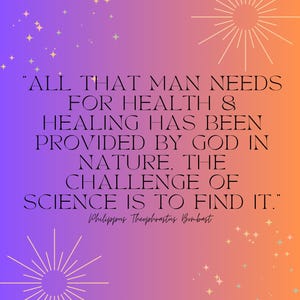 Puede incluir: Una impresi&oacute;n de arte digital con un fondo degradado de morado y naranja, adornada con estrellas y dise&ntilde;os de rayos de sol. Se muestra la cita "ALL THAT MAN NEEDS FOR HEALTH & HEALING HAS BEEN PROVIDED BY GOD IN NATURE. THE CHALLENGE OF SCIENCE IS TO FIND IT."