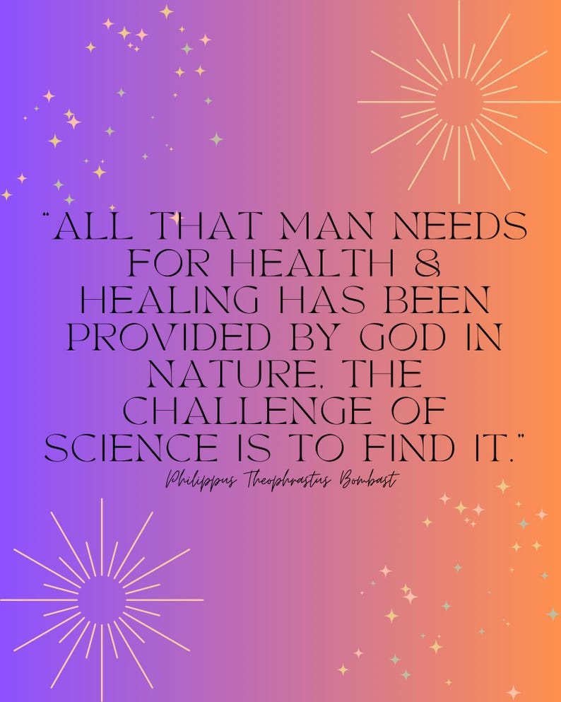 Puede incluir: Una impresi&oacute;n de arte digital con un fondo degradado de morado y naranja, adornada con estrellas y dise&ntilde;os de rayos de sol. Se muestra la cita "ALL THAT MAN NEEDS FOR HEALTH & HEALING HAS BEEN PROVIDED BY GOD IN NATURE. THE CHALLENGE OF SCIENCE IS TO FIND IT."