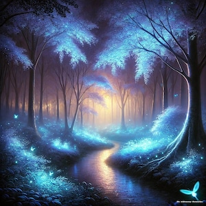Può includere: Una scena di foresta magica con un ruscello che la attraversa. Gli alberi brillano di blu e ci sono farfalle blu che volano intorno. La foresta è illuminata da una luce calda e dorata.