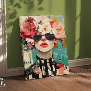 Bold floral portrait wall art of a stylish young man wearing sunglasses and flower crown – colorful stretched canvas for modern home decor