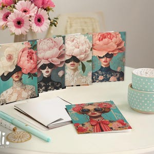 Set of 5 artistic greeting cards with floral fashion portraits for women, folded quote cards with space to write for birthday or thank you