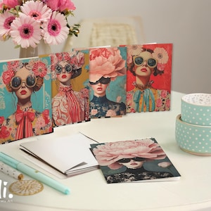 Set of 5 floral fashion greeting cards for women with modern art portraits and quote interior, perfect for birthday or thank you