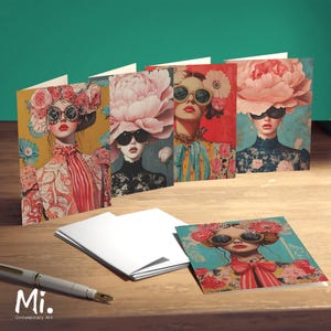 Set of 5 Greeting Cards | Folding Floral & Fashion Cards with Quotes | Small Wall Art, Desk Decor | Unique Gift for April Holidays | Ai art
