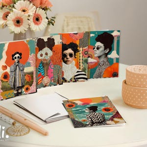 Set of 5 bold artistic greeting cards with fashion collage portraits for design lovers modern home decor and creative gift ideas