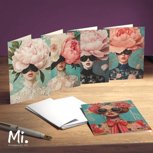Set of 5 Greeting Cards | Folding Floral & Fashion Cards with Quotes | Small Wall Art, Desk Decor | Unique Gift for April Holidays | Ai art