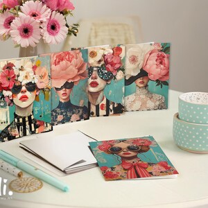 Set of 5 artistic greeting cards with floral fashion portraits for women, folded quote cards with space to write for birthday or thank you