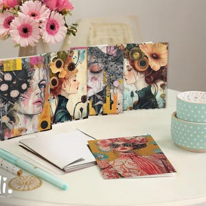 Set of 5 artistic greeting cards with autumn inspired portraits and floral fashion art, folded quote cards with space to write for her
