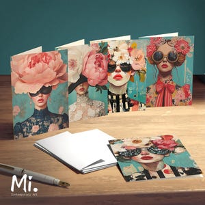 Set of 5 Greeting Cards | Folding Floral & Fashion Cards with Quotes | Small Wall Art, Desk Decor | Unique Gift for April Holidays | Ai art