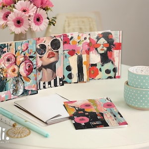 Set of 5 artistic greeting cards with floral and abstract portrait designs, folded cards with quotes and space to write for any occasion