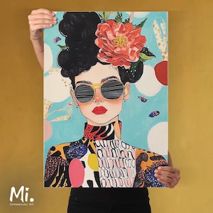Bold woman wall art download, fashion portrait printable, modern floral face poster, digital pop art print for home decor, instant download