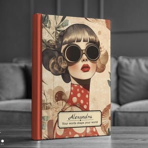 Personalized hardcover journal with custom name and empowering quote stylish retro woman design aesthetic notebook gift for her