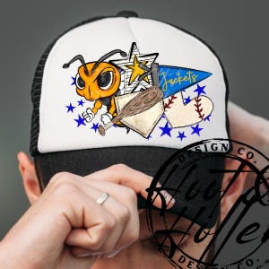 May include: A black and white trucker hat with a cartoon bee graphic. The graphic includes a baseball bat, a baseball, a star, and the word "Jackets" on a pennant. The bee is orange and black, and the stars are blue.