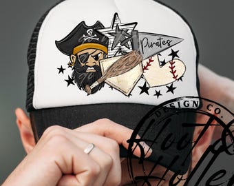 Pirates baseball PNG, baseball design, pirate mascot, baseball team PNG, sports PNG, team spirit, baseball pirate, trucker hat png