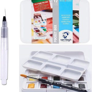 Peut inclure: Une boîte de poche blanche de peintures aquarelles Van Gogh avec un pinceau et un pinceau à eau. La boîte comprend 12+3 godets de peintures aquarelles. La boîte a une palette blanche avec plusieurs puits pour mélanger les couleurs.