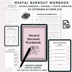 May include: A digital mental burnout workbook with a pink cover and the title "Mental Burnout Workbook". The workbook includes pages for goal setting, tracking vitamins, and smart goal setting. It is available for instant download and printing.