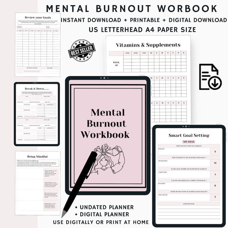 May include: A digital mental burnout workbook with a pink cover and the title "Mental Burnout Workbook". The workbook includes pages for goal setting, tracking vitamins, and smart goal setting. It is available for instant download and printing.