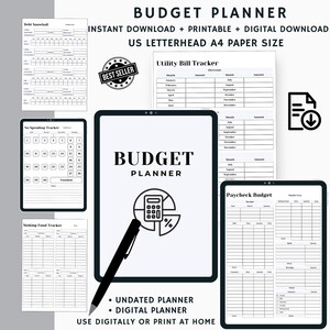 May include: A digital budget planner with various financial tracking templates. The design includes a central tablet displaying "Budget Planner" with a calculator graphic. Additional templates include a debt snowball, no-spending tracker, and utility bill tracker. The text reads "Instant Download + Printable + Digital Download".