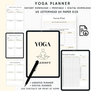 Yoga planner, daily yoga diary, printable wellness tracker, meditation and self-care planner, digital fitness log, direct download