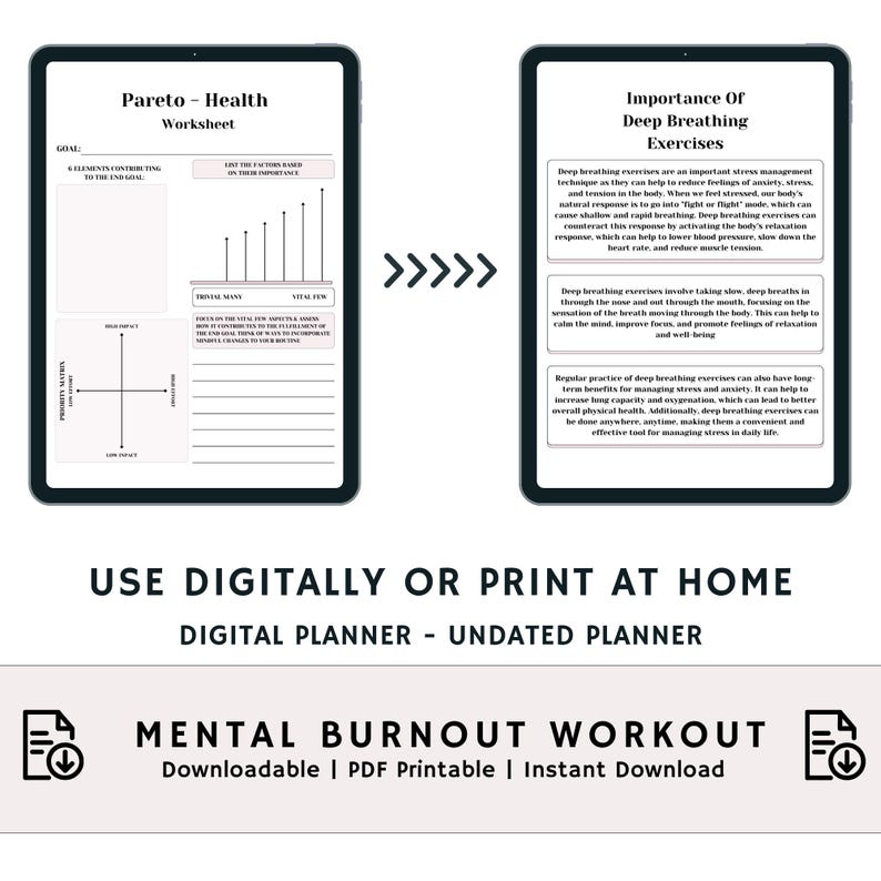 May include: Digital planner with two worksheets on a tablet. One is a Pareto health worksheet, and the other discusses deep breathing exercises. The image also includes the text "Mental Burnout Workout" and "Use Digitally or Print at Home."