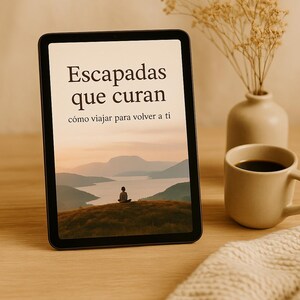 May include: A tablet displaying a book cover with the title "Escapadas que curan" and the subtitle "cómo viajar para volver a ti". The cover features a scenic image of a person sitting on a hill overlooking a lake and mountains.