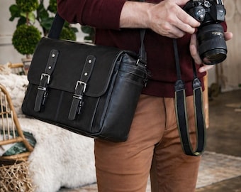 Full Grain Leather Camera Satchel, DSLR Messenger Bag