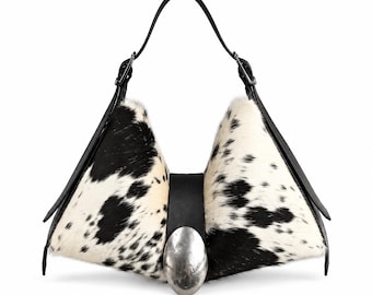 Unique Black White Cowhide Hobo Bag – Luxury Hair Leather Gift Style