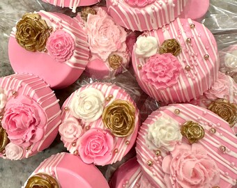 12-Bright Pink/Gold Chocolate Covered Oreos For Baby Shower/Wedding Favors/birthday Favors