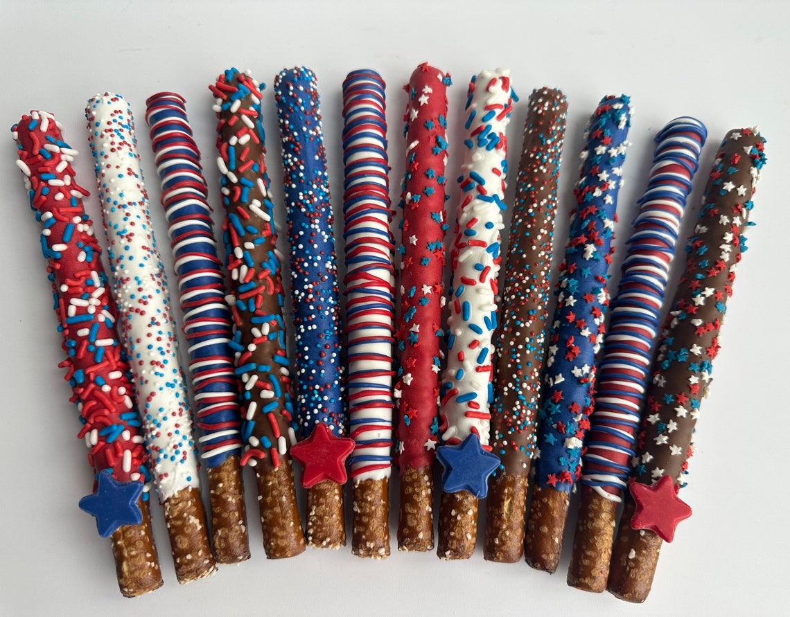 12-Patriotic Chocolate Covered Pretzel Rods.