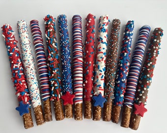 12-Patriotic Chocolate Covered Pretzel Rods For Memorial Day/4th of July/Fourth of July Picnic