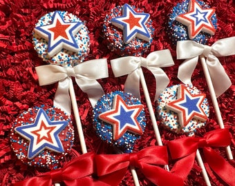 12-Patriotic Red, White and Blue Star Chocolate Covered Oreo Pops For Memorial Day Party/4th of July Picnic