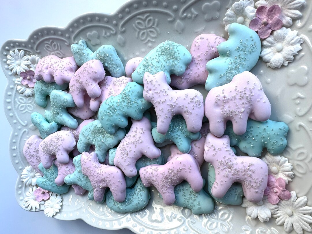Chocolate Covered Animal Crackers in Pastel Pink and Blue for Baby