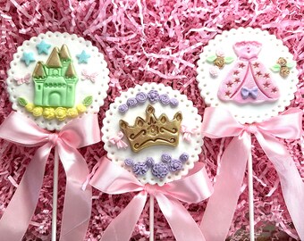 12-Gorgeous Princess White Chocolate Lollipops Decorated With Fondant For A Princess Birthday Party/Little Girl Birthday Party