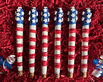 12-Patriotic Flag Chocolate Covered Pretzel Rods For Memorial Day/4th of July Picnic