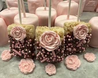 12 Chocolate Covered Rice Krispie Treats With Roses for Shower/Wedding/Birthday Party Favors