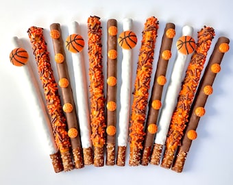 12-Basketball Themed Chocolate Covered Pretzel Rods For Basketball Party/Basketball Game/Basketball Fan/Party Favors