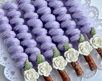 12-Lavender Chocolate Covered Caramel Pretzels For Wedding/Wedding Shower/Birthday/Baby Shower/Party Favors