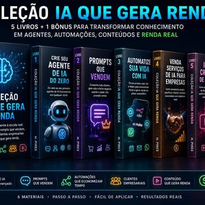 May include: A collection of five books and one bonus guide titled Coleção IA Que Gera Renda, featuring dark covers with neon blue, purple, and green graphics. The spines display titles like Crie Seu Agente de IA, Prompts Que Vendem, and Automatize Sua Vida.