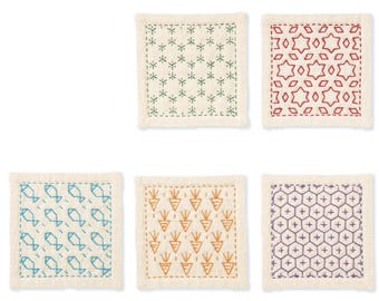 Olympus Hitomezashi Coaster Kit Set of 5 Sashiko Coasters Kit for Beginners Fine Thread Pre-Printed Japanese Embroidery Make 5 Coasters