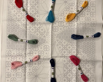 Olympus HanaTemari Sashiko Cloth kit Pre-Printed Japanese Embroidery Flower Towel Pack Thin sashiko thread Beginner-intermediate sashiko