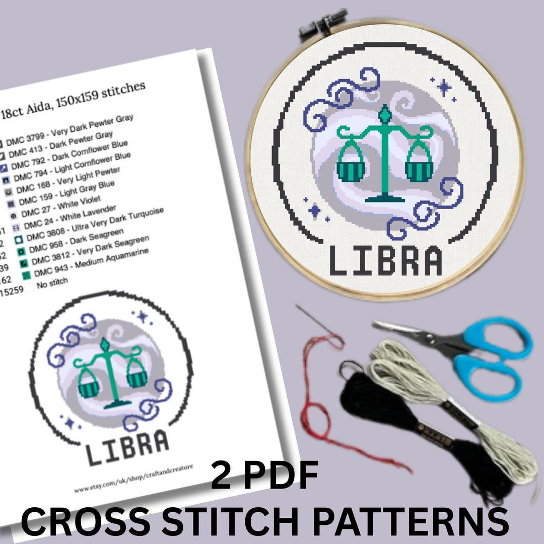 Libra Star Sign Pattern Libra Cross Stitch Pattern Zodiac Sign, Scales Design Horoscope Star ...