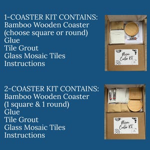 May include: Two craft kits in cardboard boxes. Each kit contains a bamboo wooden coaster, glue, tile grout, glass mosaic tiles, and instructions. One kit includes a square or round coaster, the other includes one square and one round coaster. The boxes have the text "Mosaic Coaster Kit".