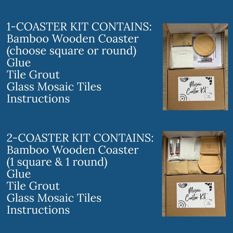 May include: Two craft kits in cardboard boxes. Each kit contains a bamboo wooden coaster, glue, tile grout, glass mosaic tiles, and instructions. One kit includes a square or round coaster, the other includes one square and one round coaster. The boxes have the text "Mosaic Coaster Kit".