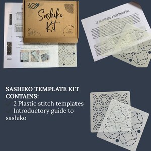 May include: A Sashiko Kit box with the text "Sashiko Kit" and "Craft and Creature". The kit includes two plastic stitch templates and an introductory guide to sashiko. The text "Sashiko Template Kit Contains" is also visible.