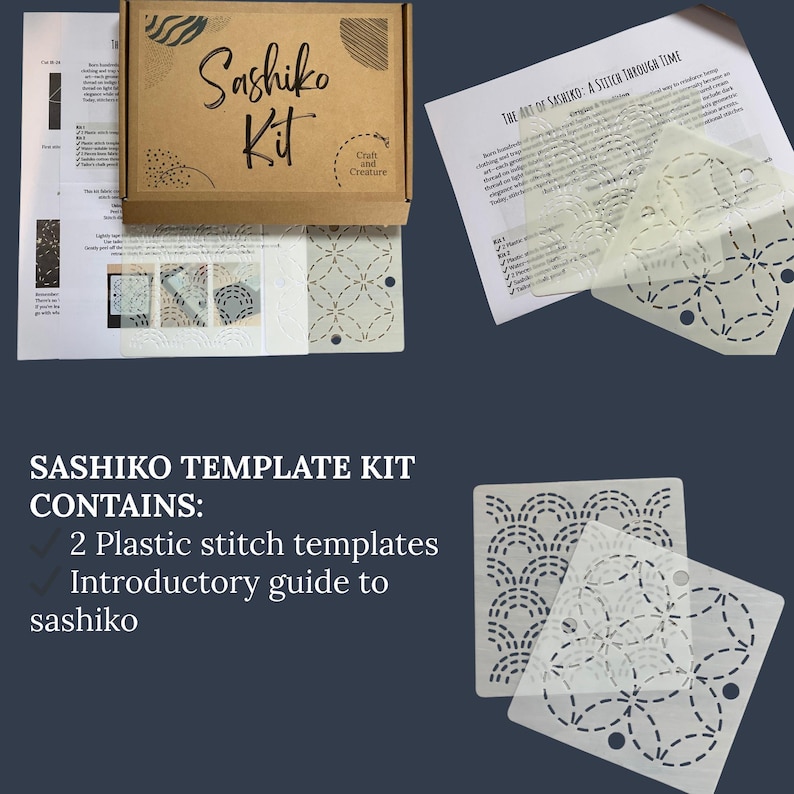 May include: A Sashiko Kit box with the text "Sashiko Kit" and "Craft and Creature". The kit includes two plastic stitch templates and an introductory guide to sashiko. The text "Sashiko Template Kit Contains" is also visible.