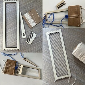 May include: A collection of wooden weaving tools, including a rectangular loom, a shuttle, a comb, and a needle. White and blue yarn are also present, along with a cardboard piece. The tools are arranged on a light-colored surface.