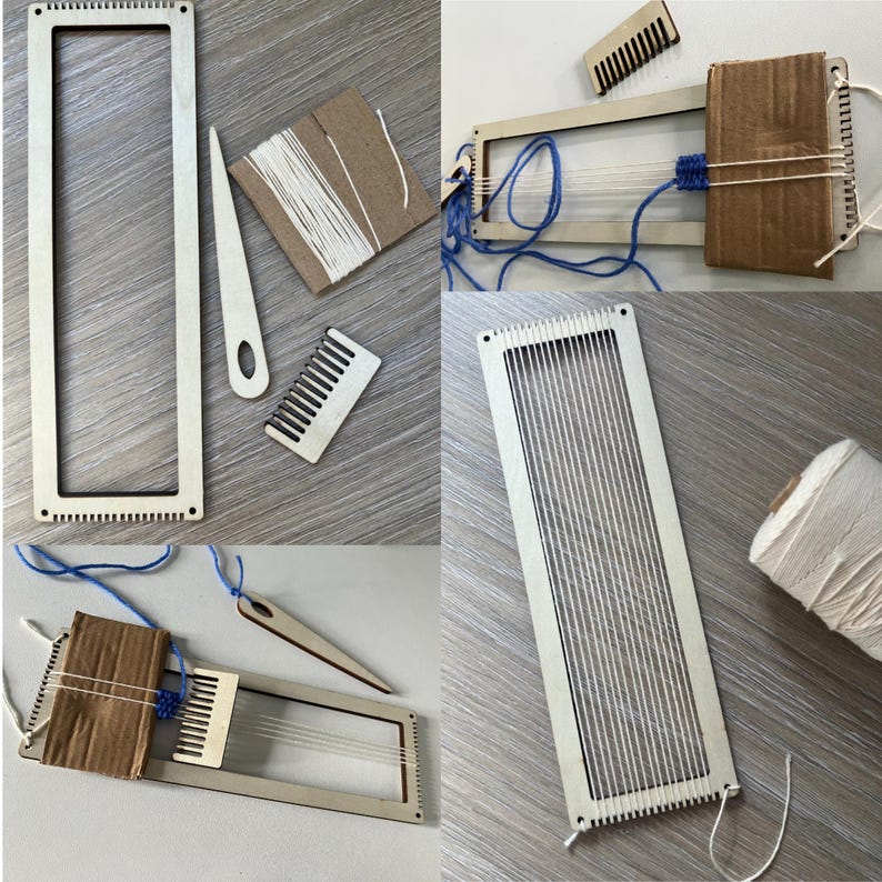May include: A collection of wooden weaving tools, including a rectangular loom, a shuttle, a comb, and a needle. White and blue yarn are also present, along with a cardboard piece. The tools are arranged on a light-colored surface.