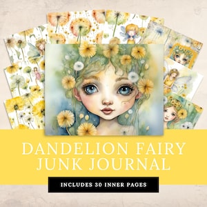 Diário de lixo de fada, papel digital, flor, menina fada, cartão caprichoso, dente-de-leão, efêmera para amantes de artesanato, scrapbook, clipart, fada, arte digital