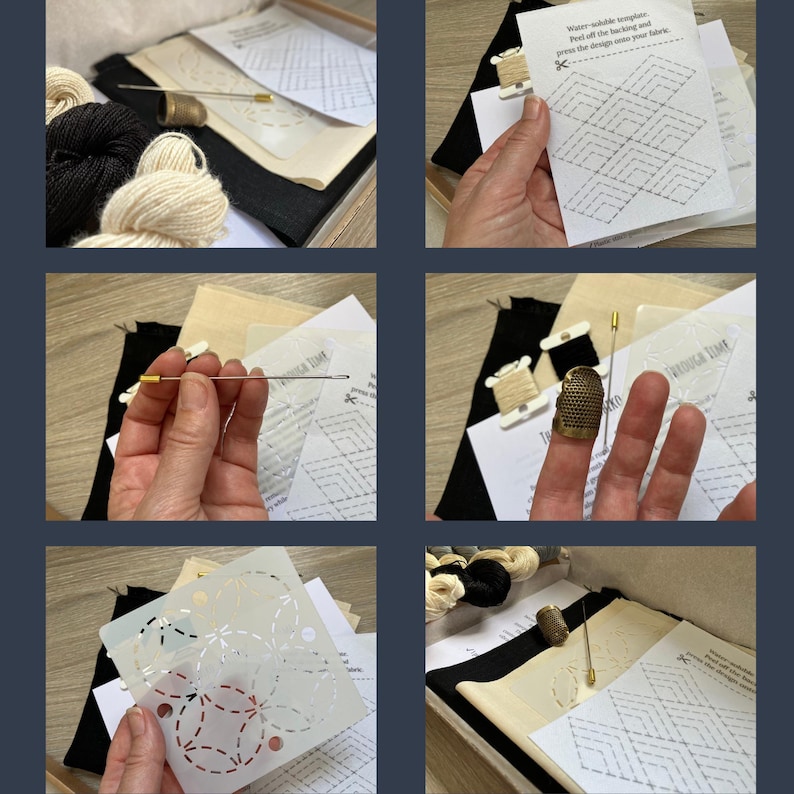 May include: A collection of embroidery supplies, including black and cream-colored yarn, needles, thimbles, and printed templates. The templates feature geometric designs and instructions. The kit is presented in a box, suggesting a craft or DIY project.