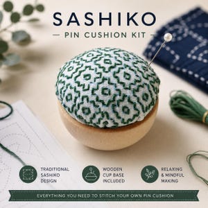 Sashiko pin cushion kit Wooden cup base Japanese embroidery sewing kit Beginner-friendly Maker gift Sashiko kit Stitch art present